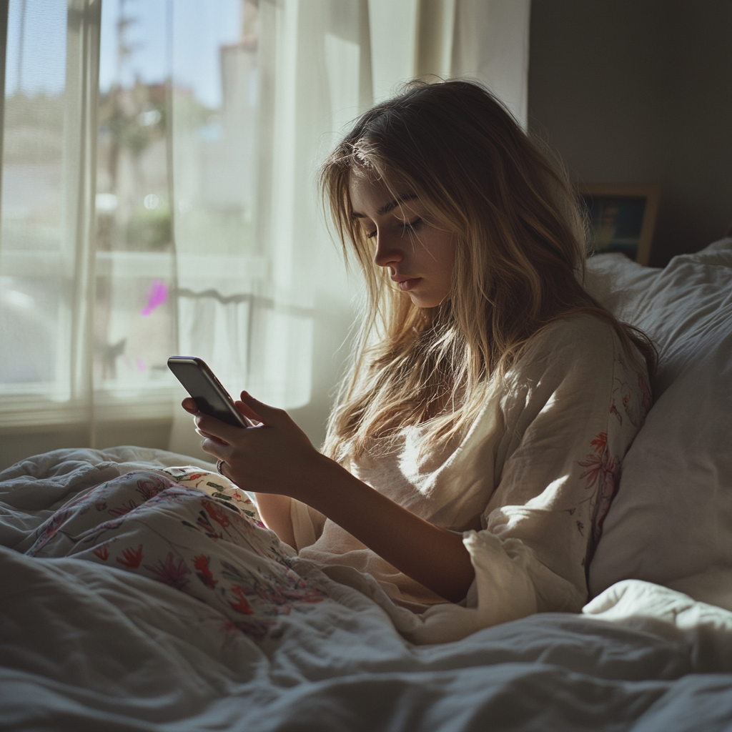 Young woman using her phone while in bed | Source: No source