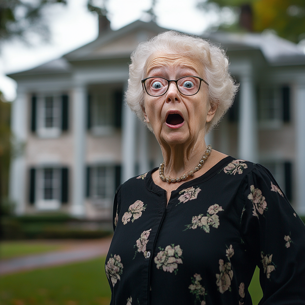 A shocked woman in front of a mansion | Source: no source