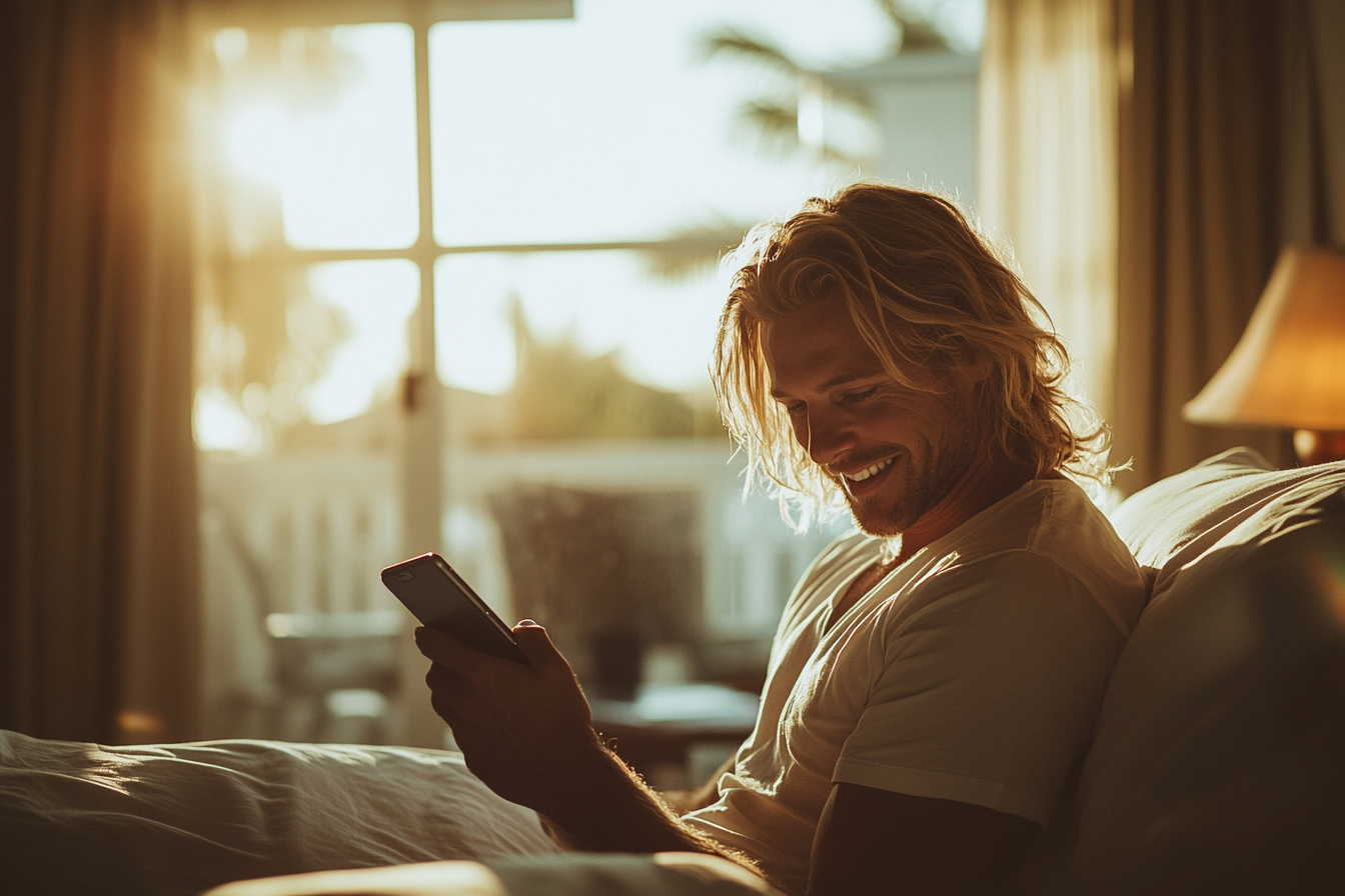 A blonde man in his 30s sits on a hotel resort bed scrolling his phone smiling | Source: No source