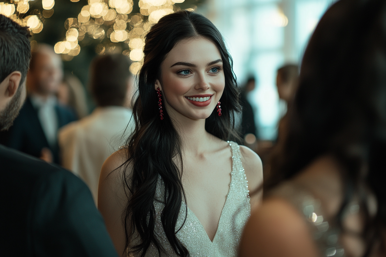 Woman in her 20s wearing a white cocktail dress smiles while talking to other people at a party venue | Source: No source