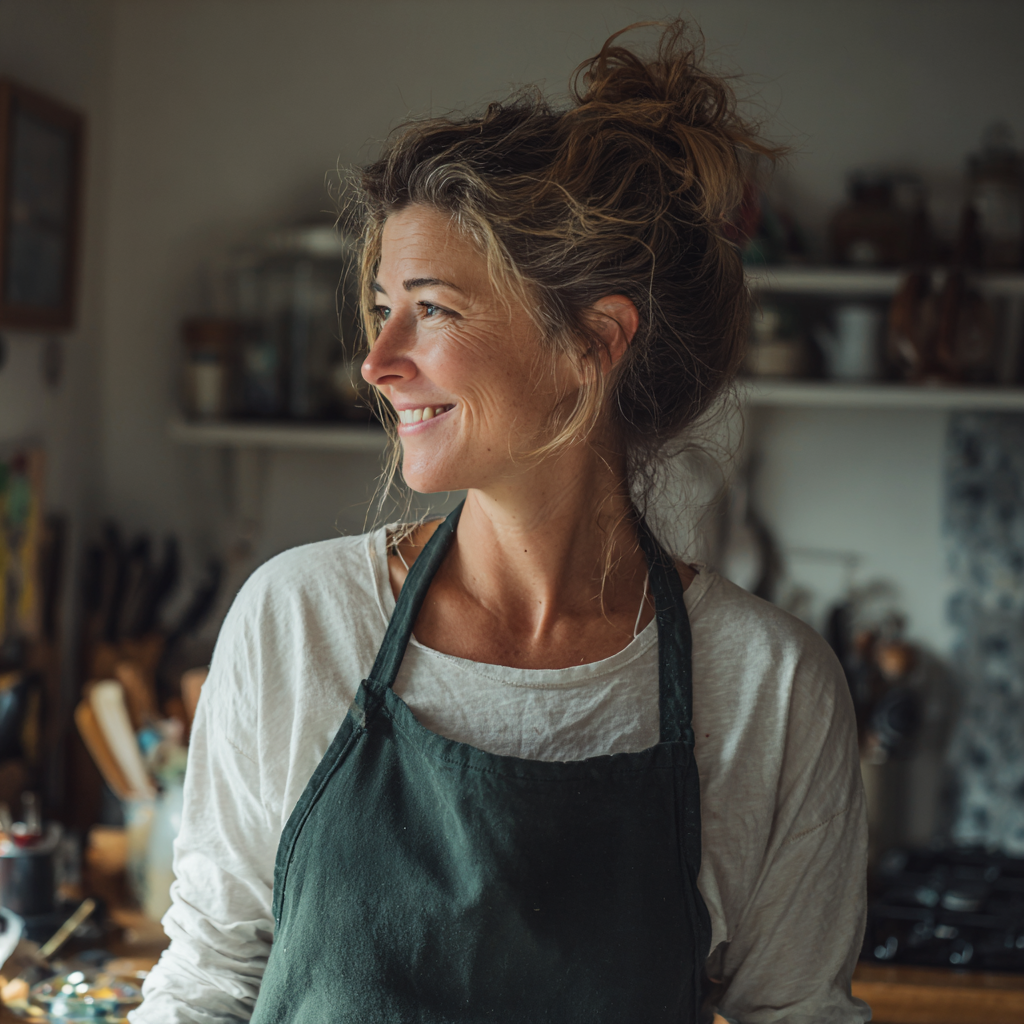 A smiling woman wearing a dark green apron | Source: No source