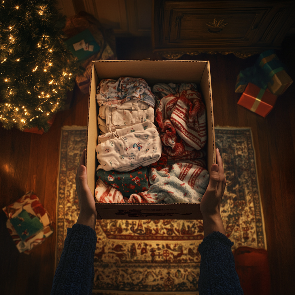 A woman holding a box of old baby clothes | Source: No source
