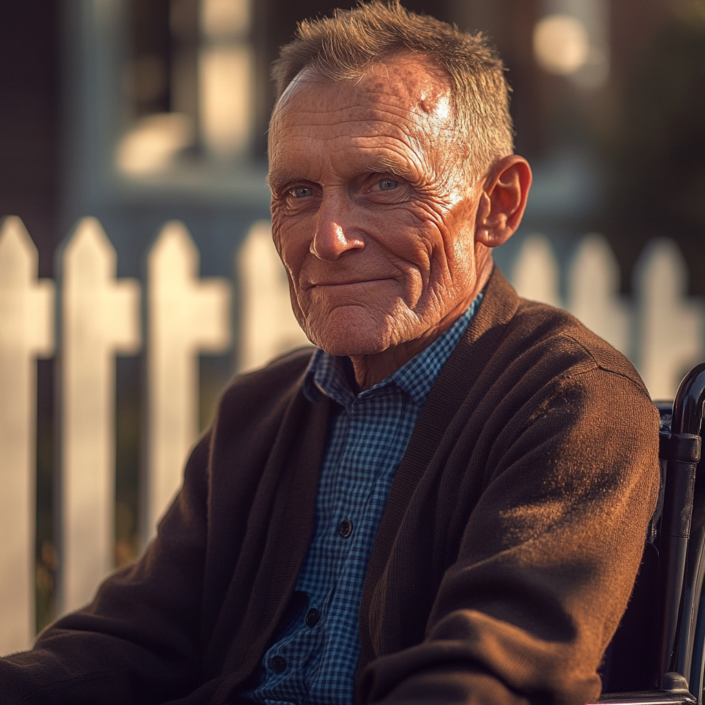 A smiling older man sitting in a wheelchair outside his house | Source: no source