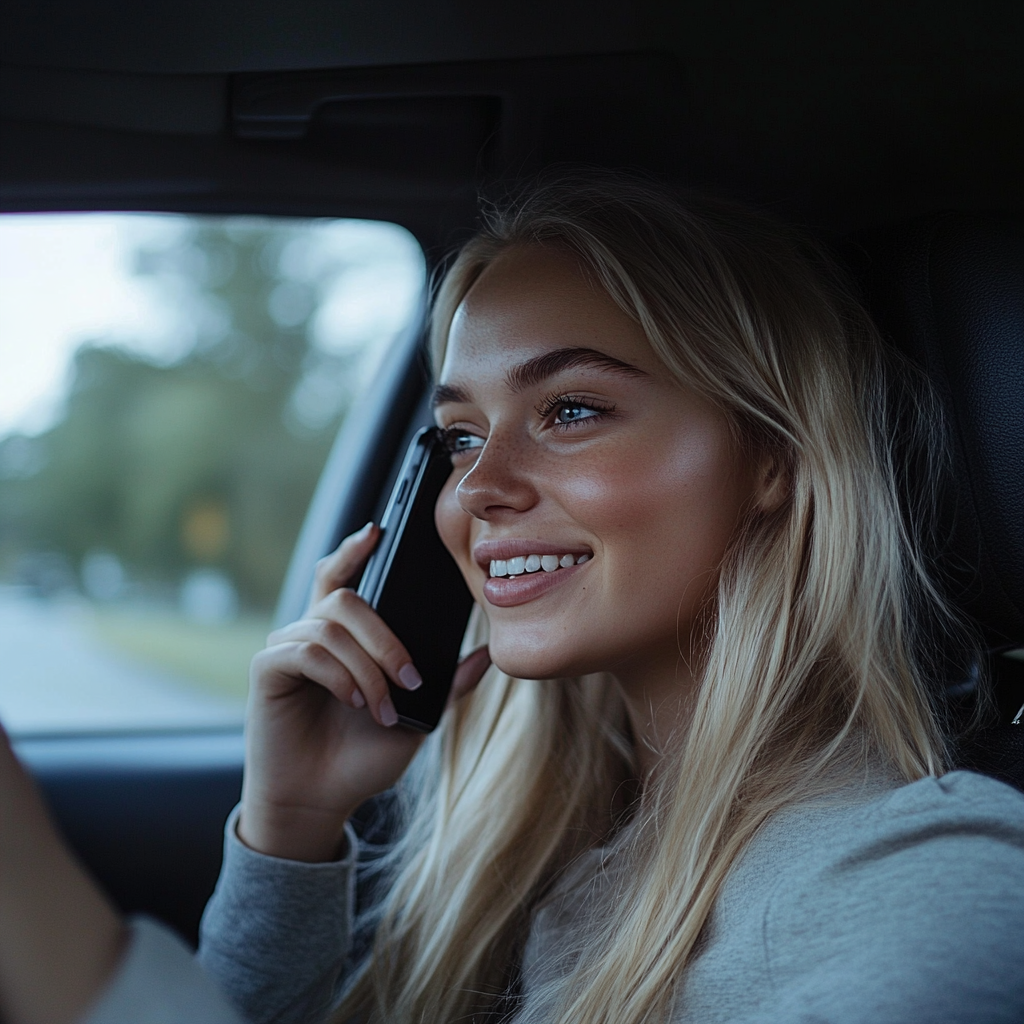 A smiling woman talking on her phone while driving | Source: no source