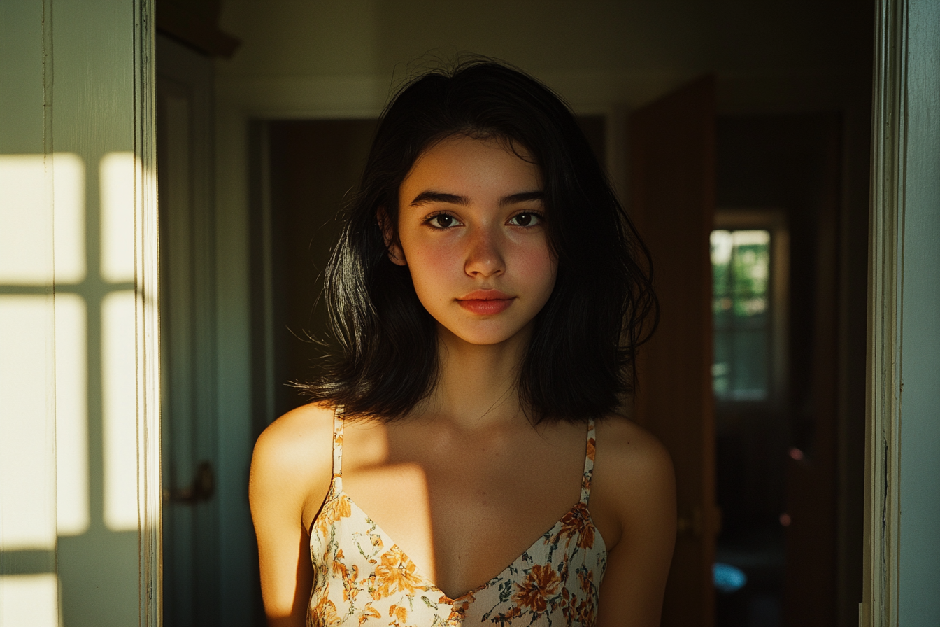 18 year old woman looking determined in the doorway of a house | Source: No source