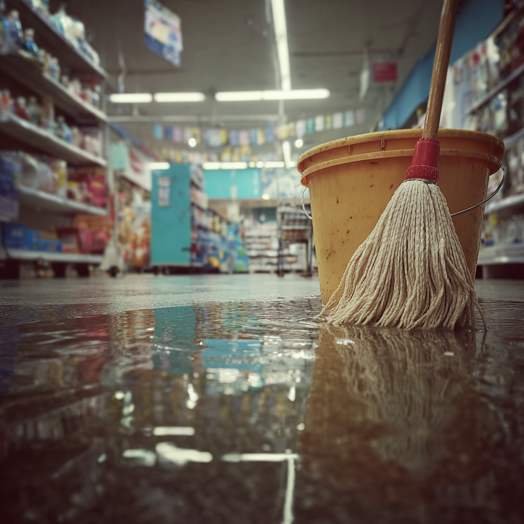 A mop and bucket of water on a grocery store floor | Source: no source