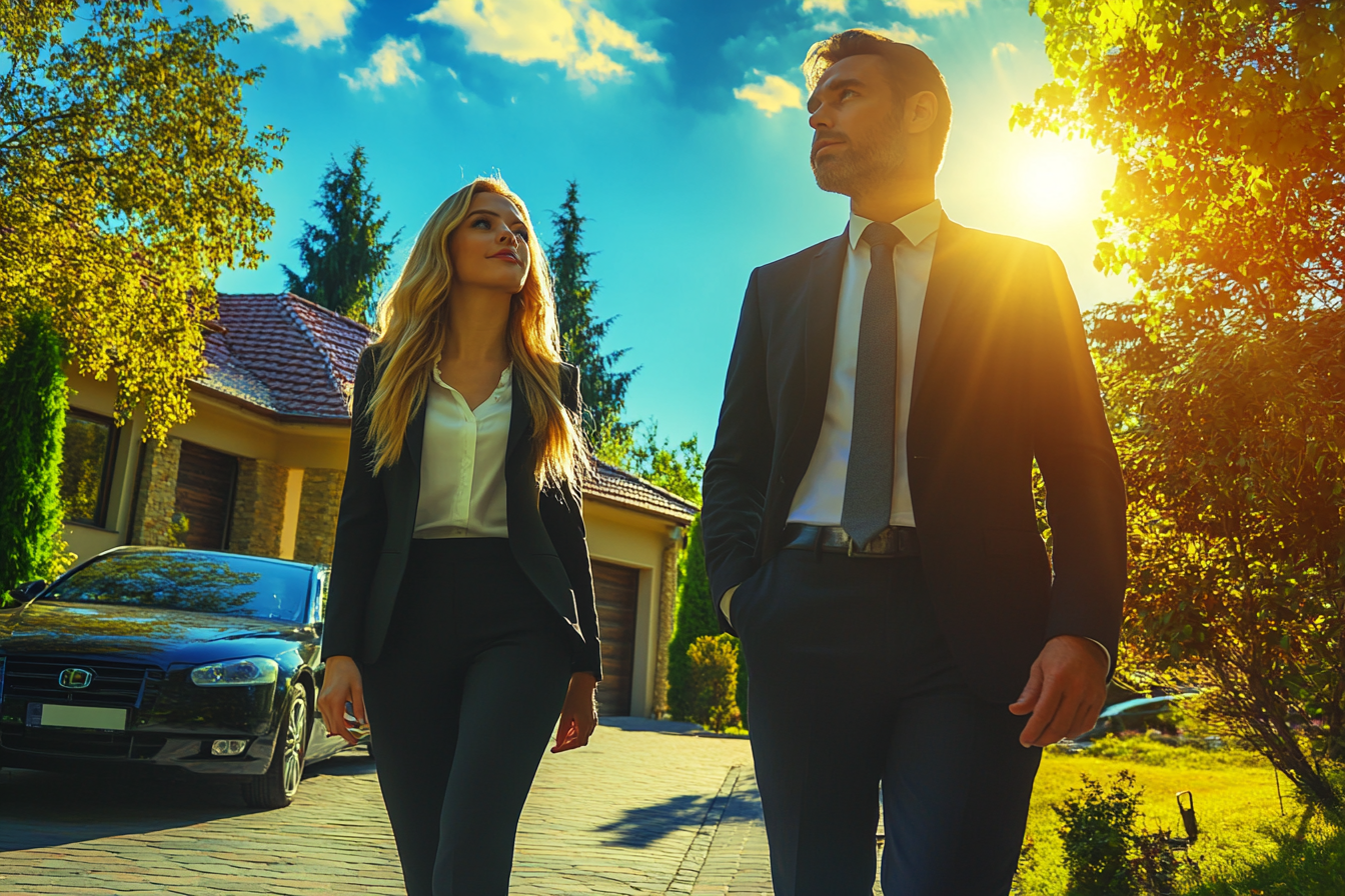 A man and a woman walking up a driveway | Source:  no source