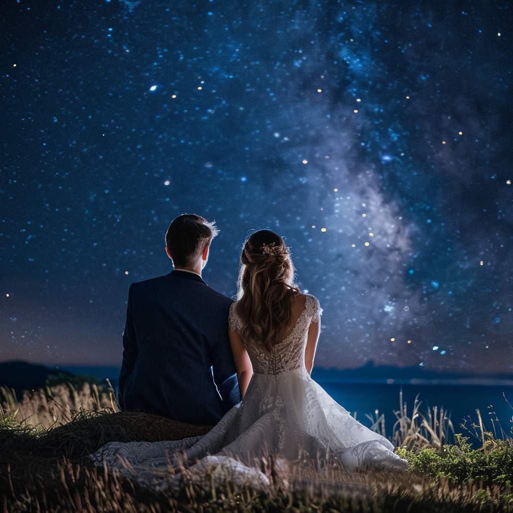A bride and groom watching the starry night sky | Source: No source