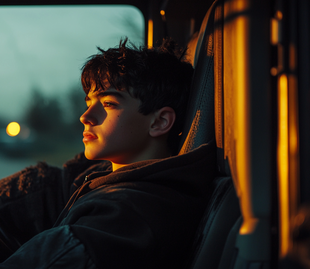 A teenage boy looking out the window from the passenger seat of a truck | Source: No source