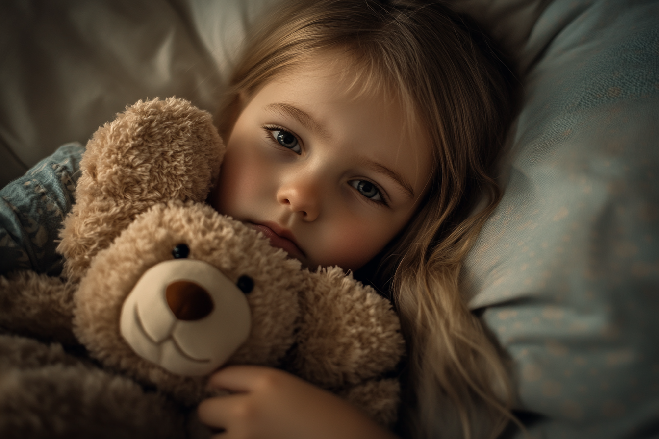 A sad little girl hugging a teddy bear in bed | Source: no source
