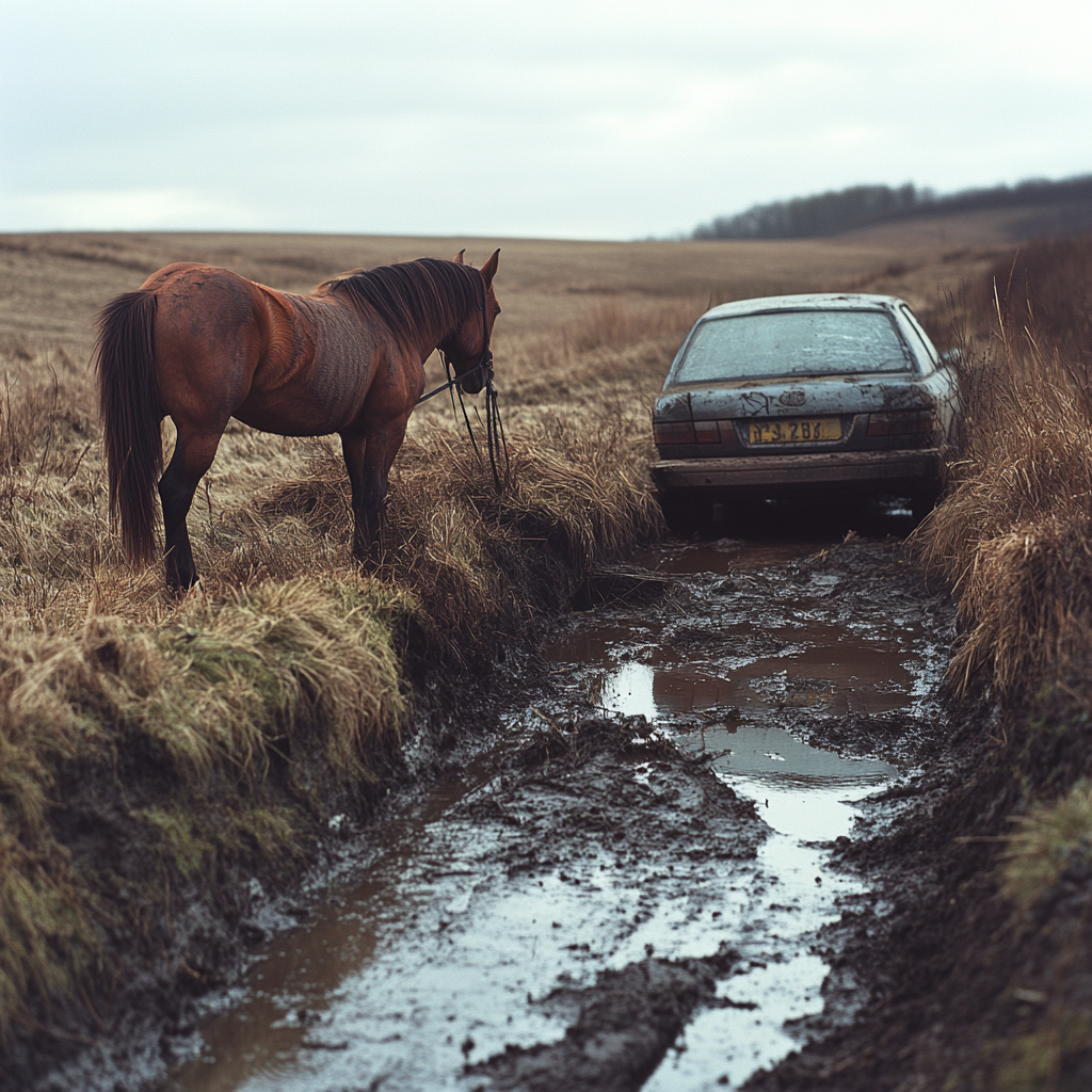 A horse standing by a car in a ditch | Source: No source