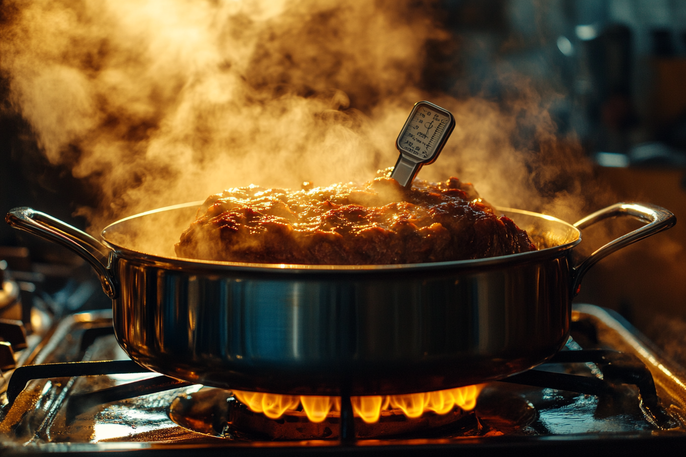 Pot roast cooking on a stove with a meat thermometer | Source: No source