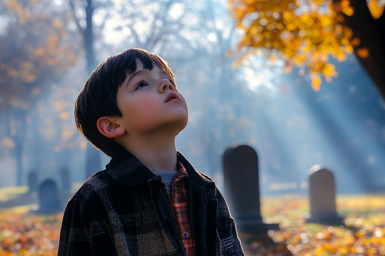 A boy in a cemetery looking up at someone | Source: no source