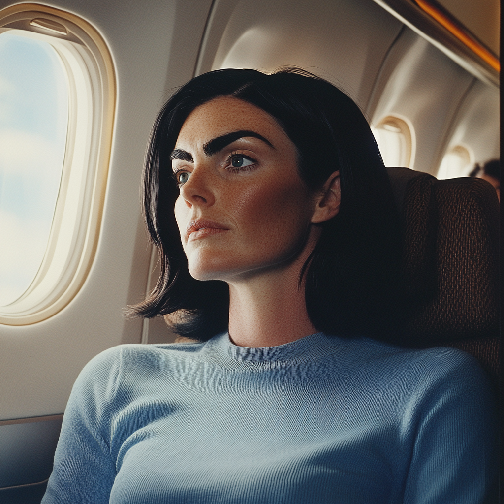 A woman staring thoughtfully out a plane window | Source: No source
