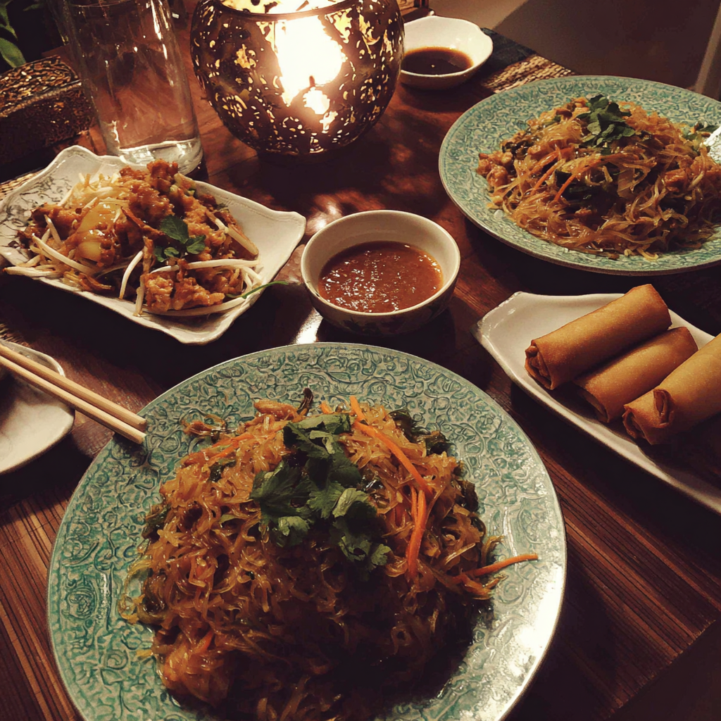 Thai food on a coffee table | Source: No source