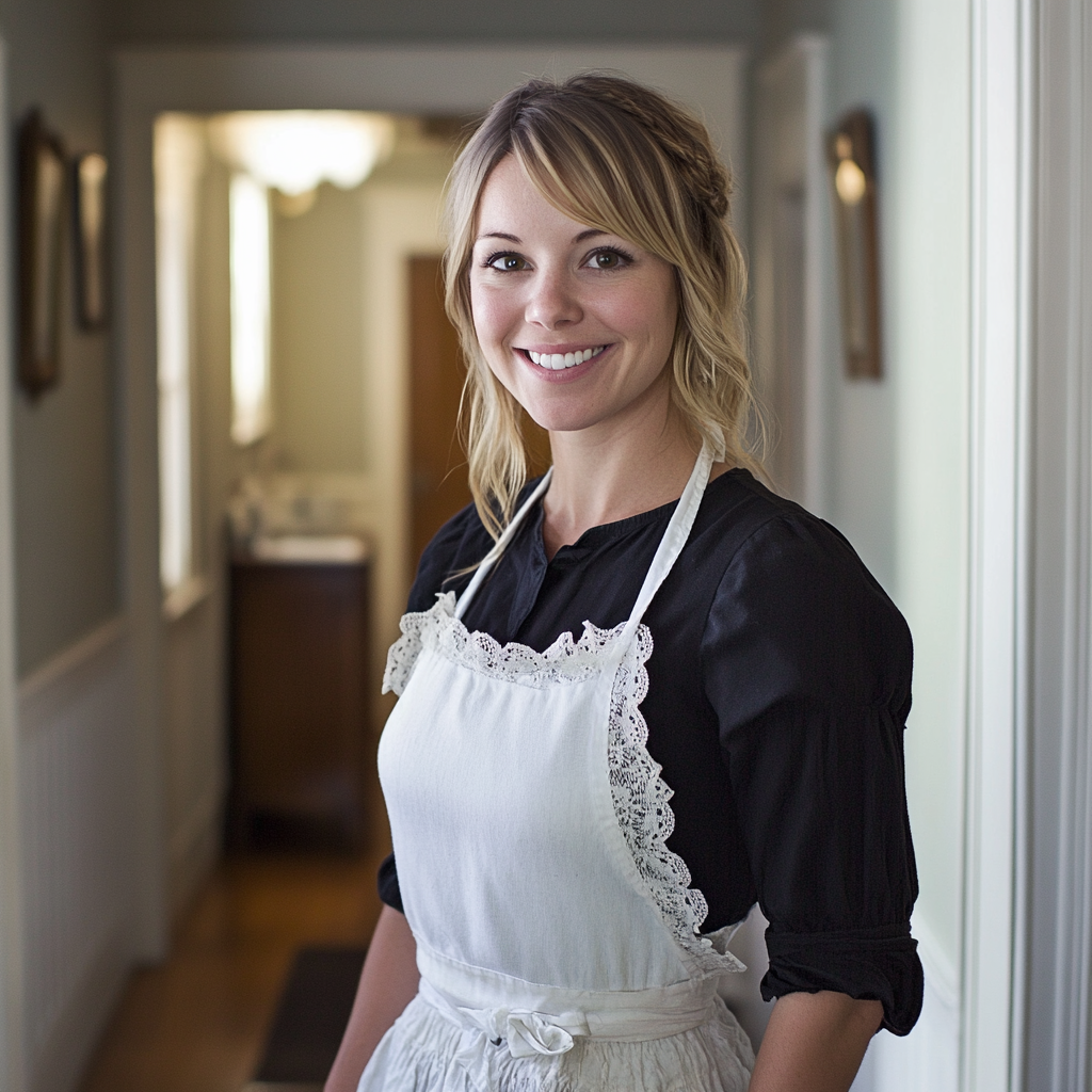 A woman wearing a black dress and white apron | Source: no source