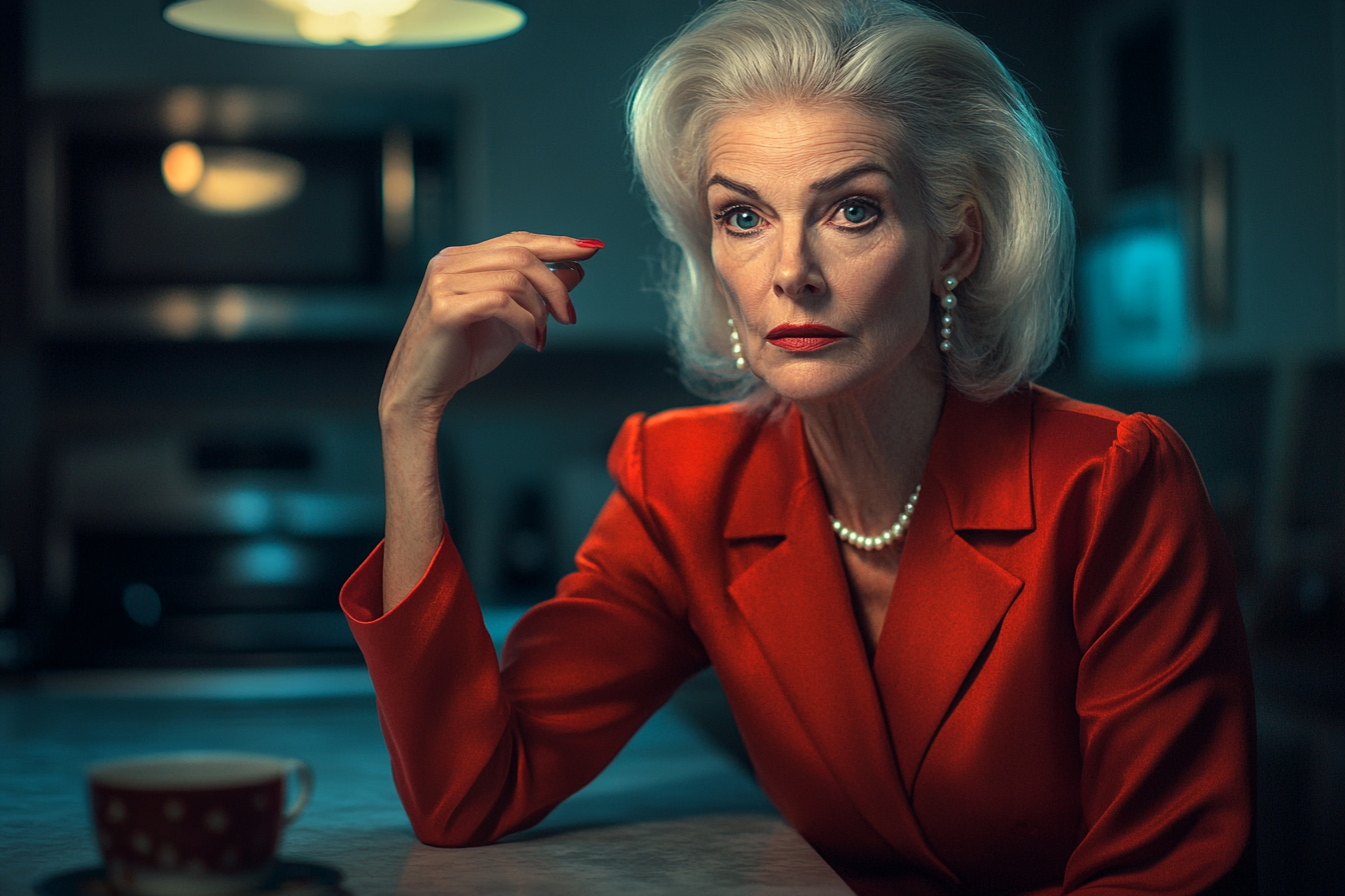 Elegant woman in her 60s sitting on a kitchen table with one hand up looking serious and upset | Source: no source