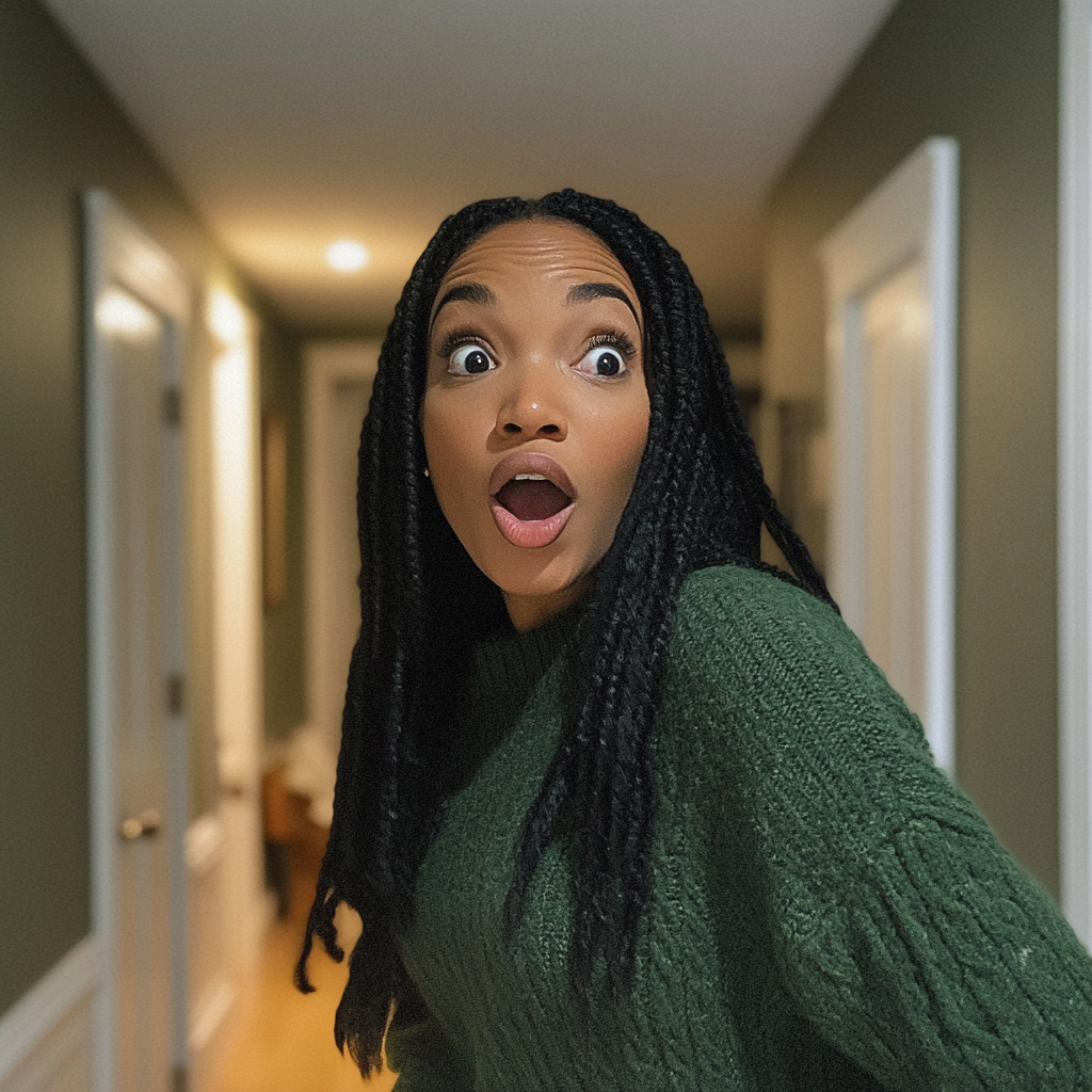 A shocked woman standing in a hallway | Source: no source