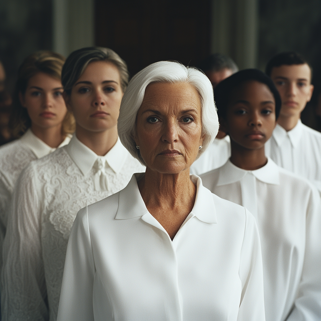 Senior woman and her children wearing white at a funeral | Source: No source