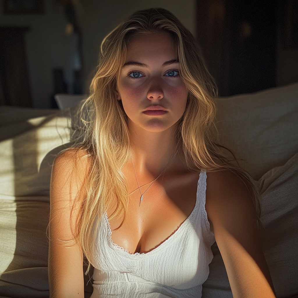 A young woman sitting on a couch | Source: no source
