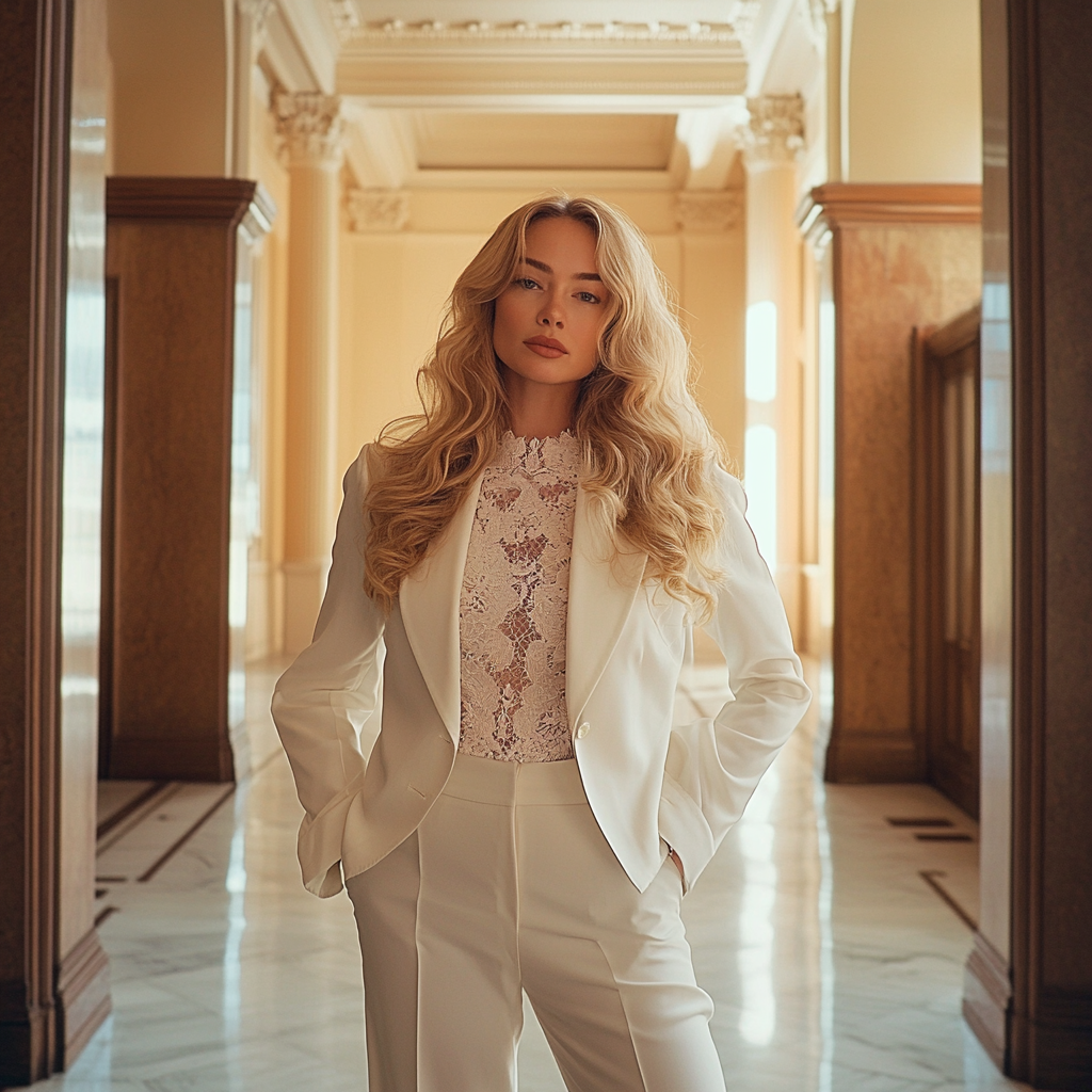 A woman wearing a white pantsuit | Source: no source