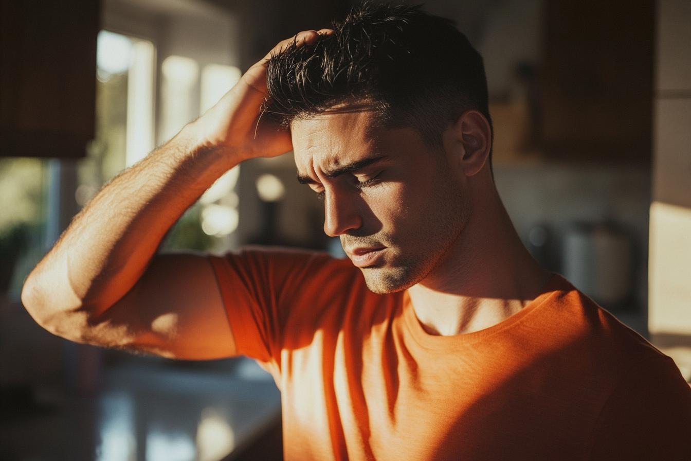 A man in his 30s looking exasperated, running his hand through his hair in a kitchen | Source: No source