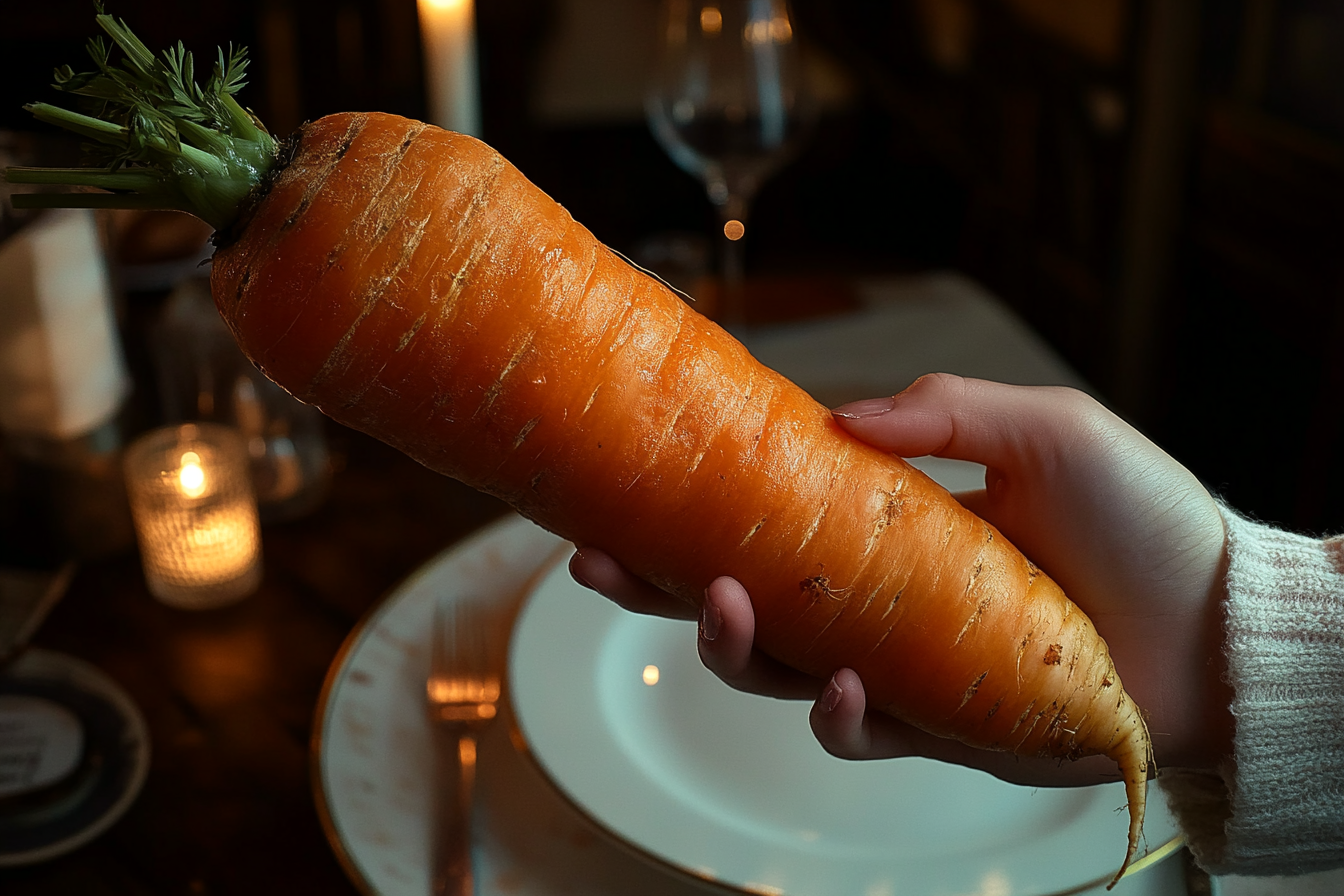 Close-up of a woman holding a huge carrot | Source: No source