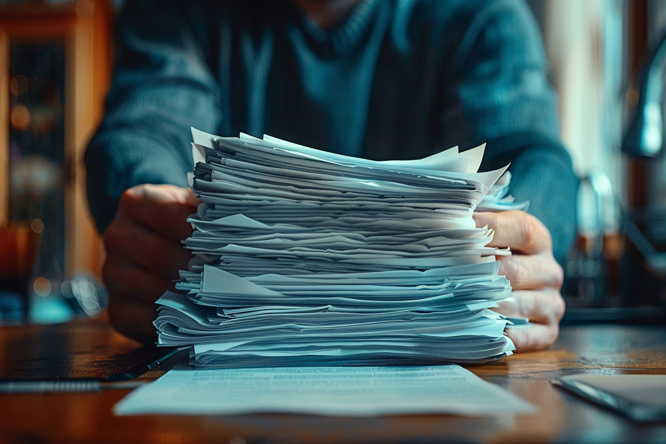 A man holding a thick stack of papers | Source: No source