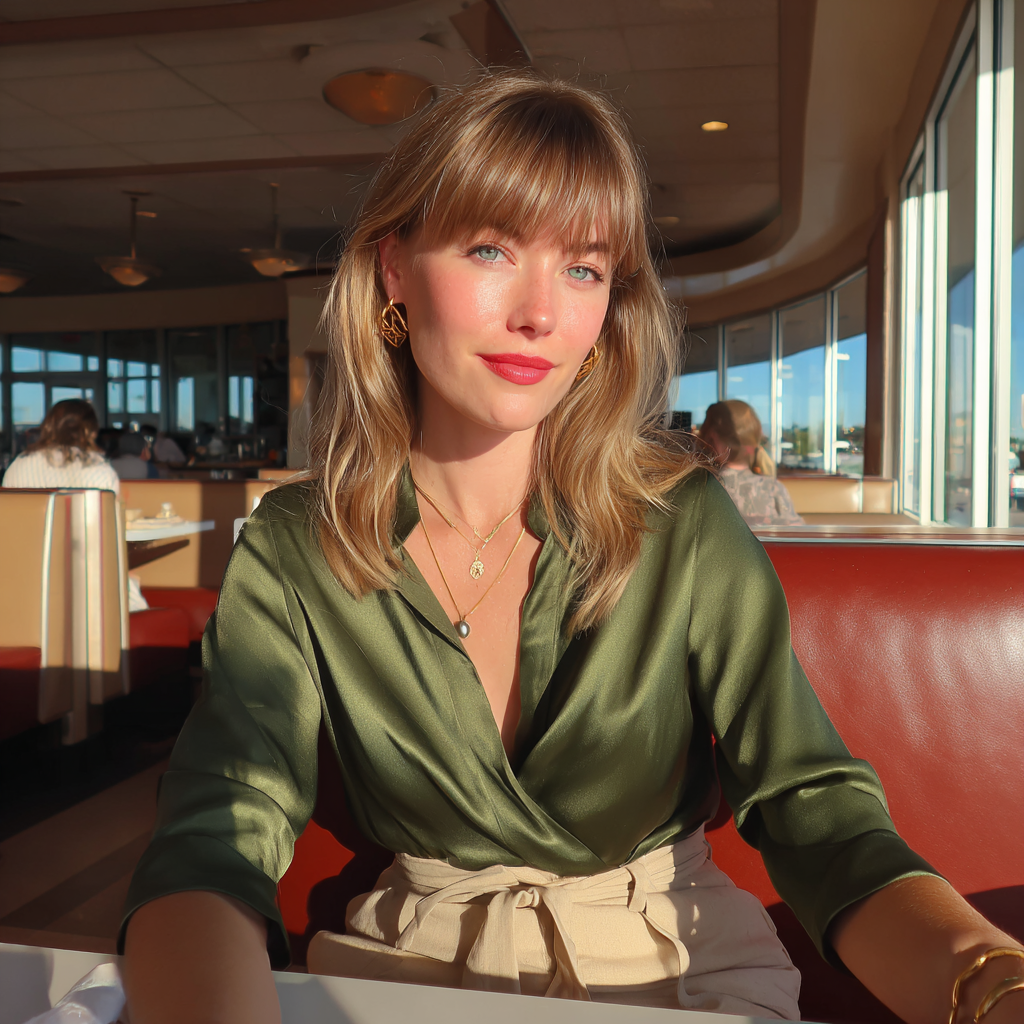A smiling woman sitting in a diner | Source: no source