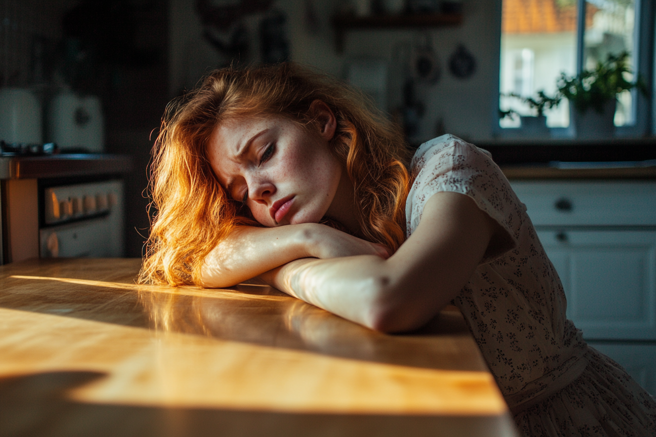 An exhausted woman resting on a kitchen table | Source: No source