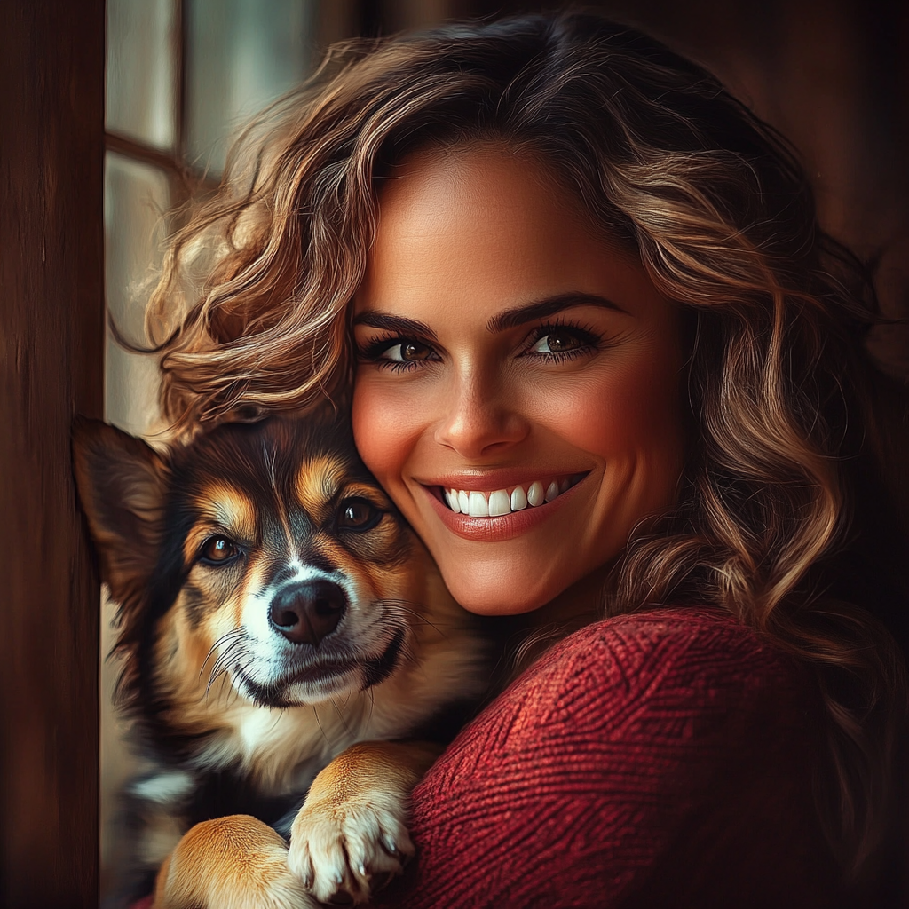 A delighted woman holding a German Shepherd puppy | Source: no source