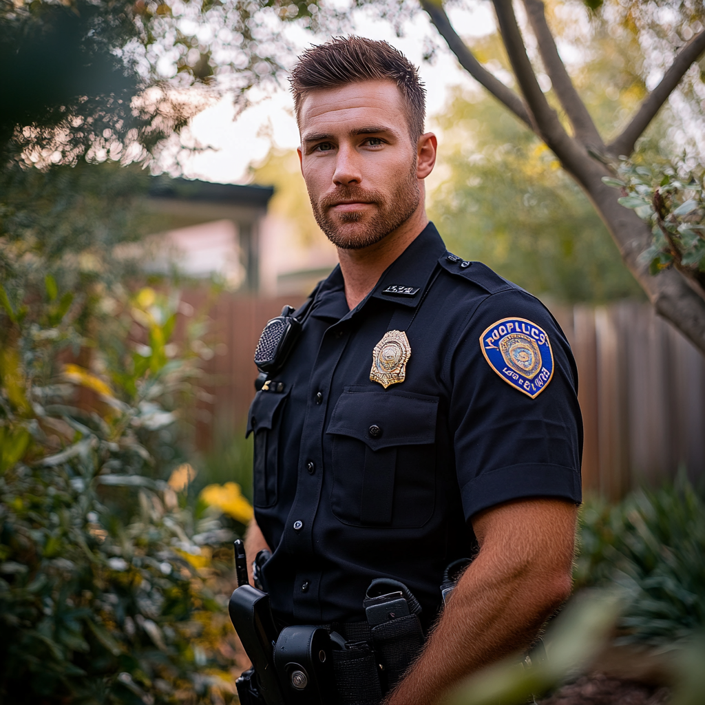 A young police officer standing in the garden of a house | Source: no source