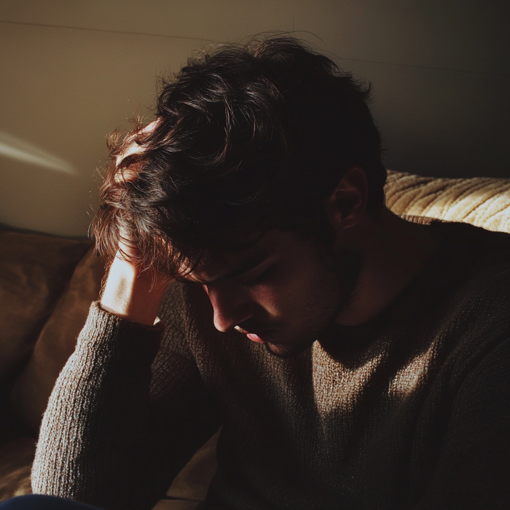 A man sitting on a couch and holding his head | Source: No source
