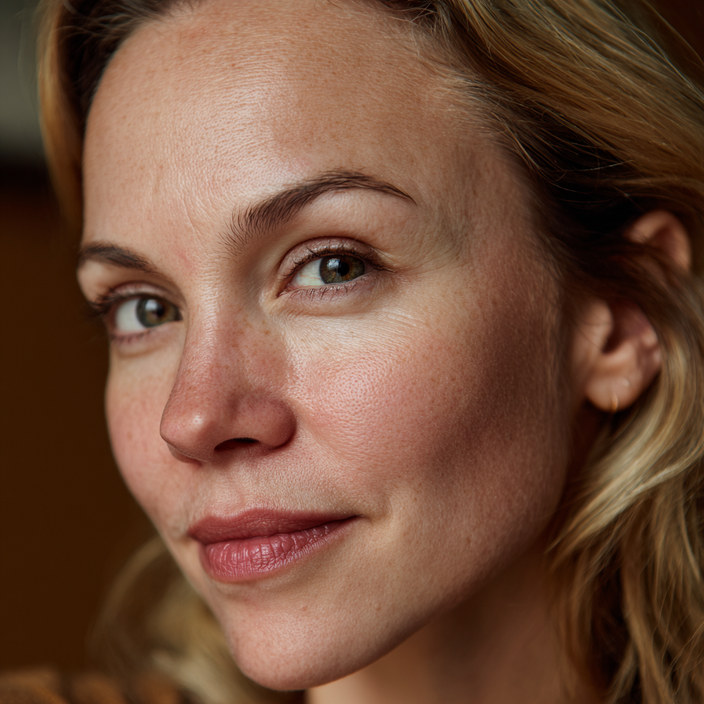 A close-up of a woman's face showing a calm, composed expression | Source: no source