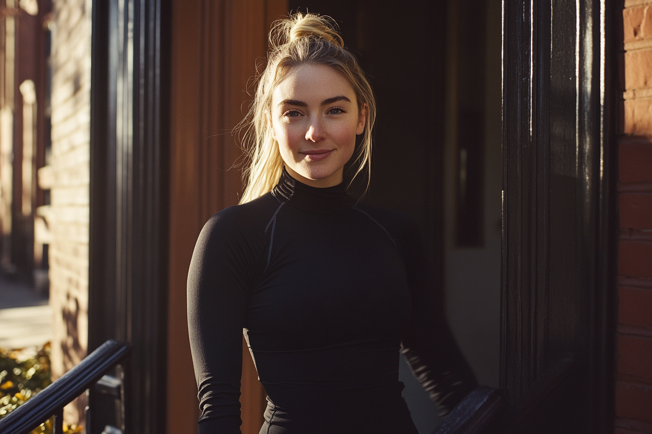 A woman in black exercise clothes smirking outside her townhouse door | Source: No source