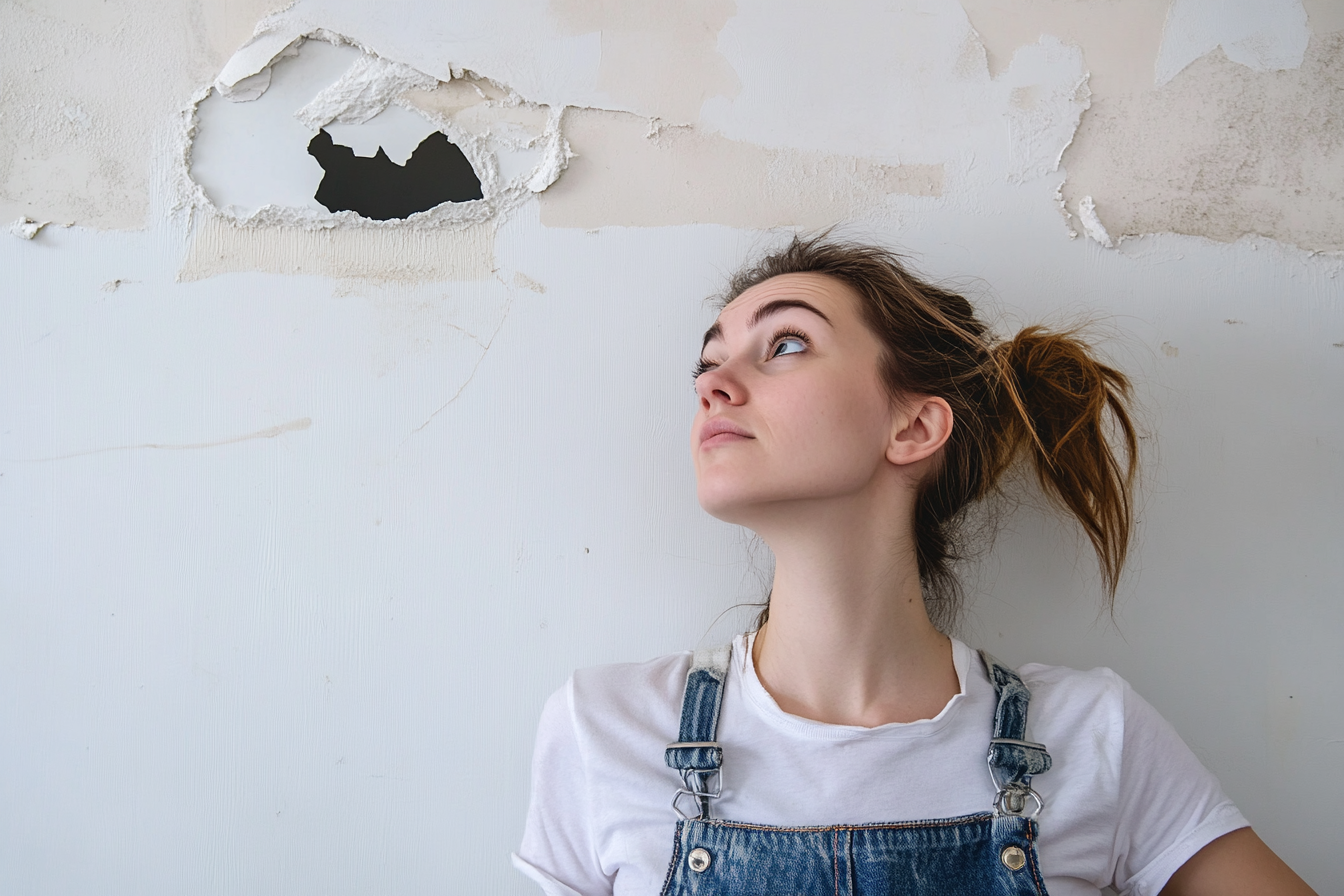 A woman looking at a hole in the drywall | Source: No source