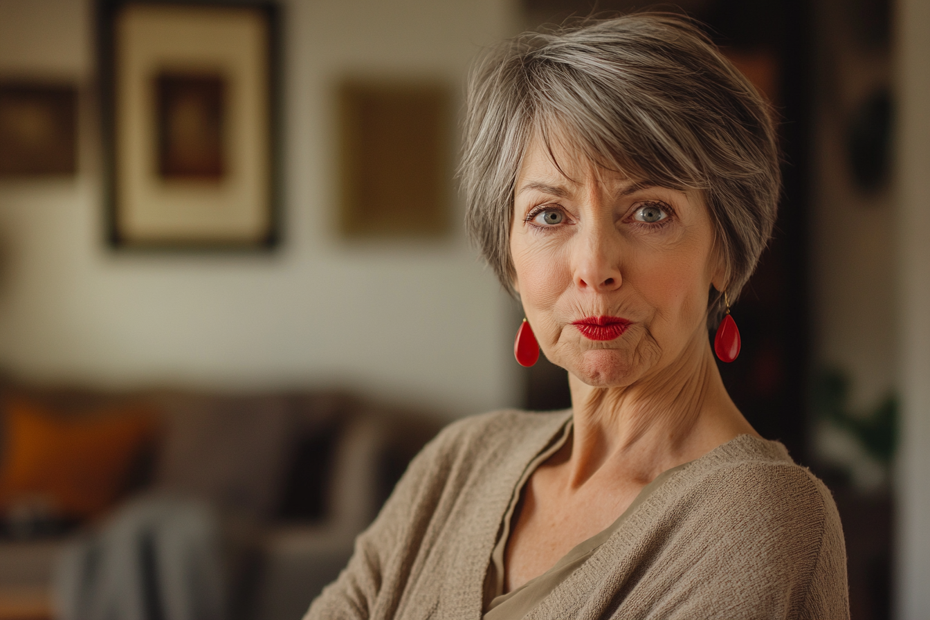 A woman in her 60s, her face blushed and pouting, looking angry in a living room | Source: No source