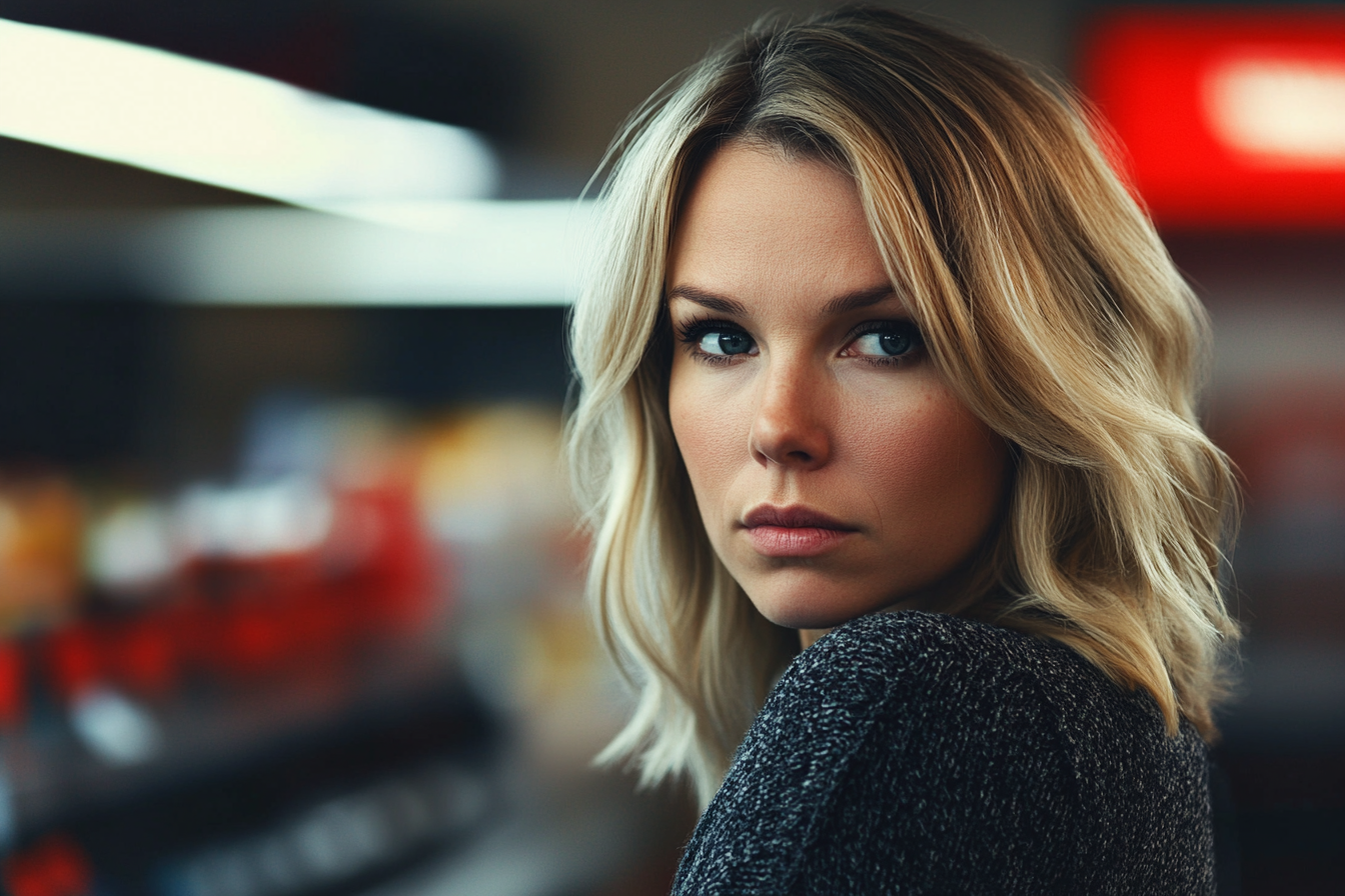 A woman glancing over her shoulder in a grocery store | Source: No source