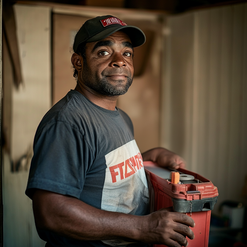 A handyman gives a faint smile while holding his toolbox | Source: no source