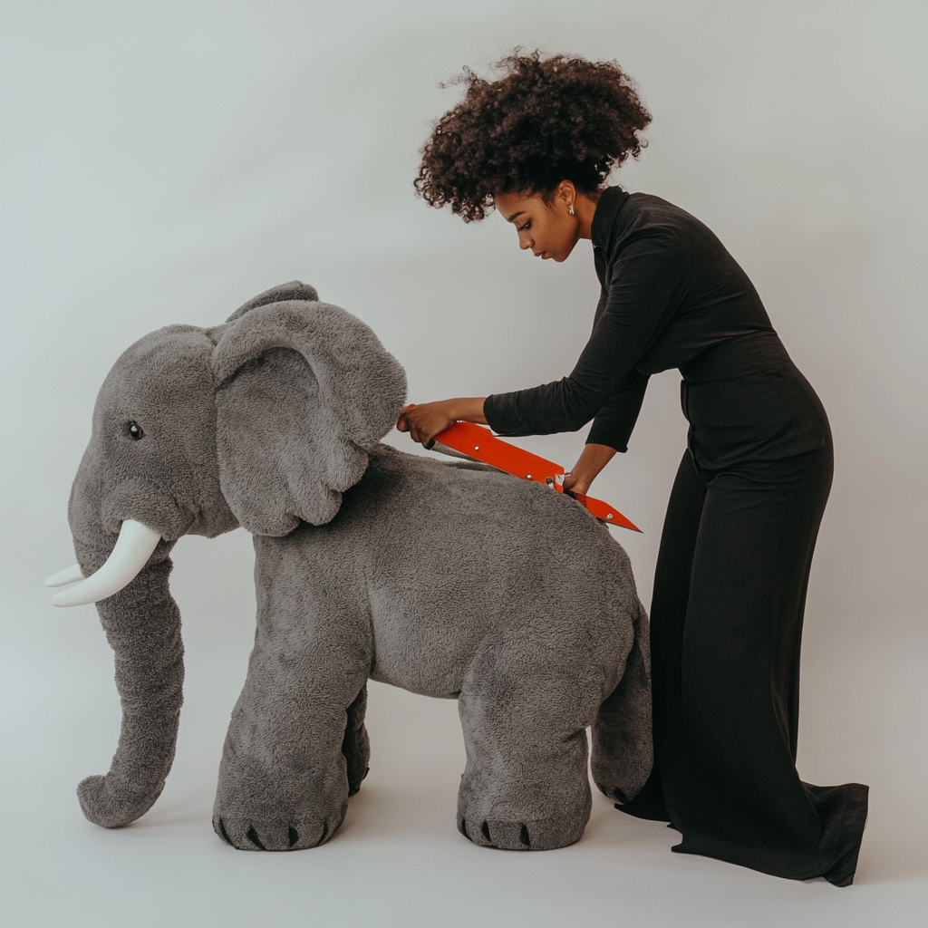 Woman cutting a giant stuffed elephant toy | Source: No source