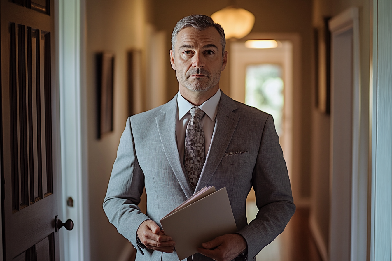 Man in a gray suit standing calmly in a hallway | Source: no source