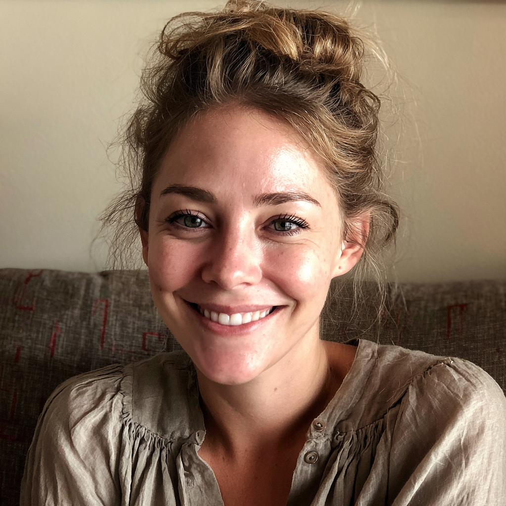 A smiling woman sitting on a couch | Source: no source