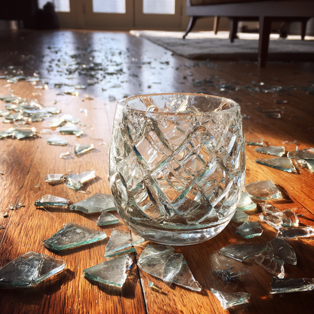 Pieces of a shattered glass vase | Source: no source