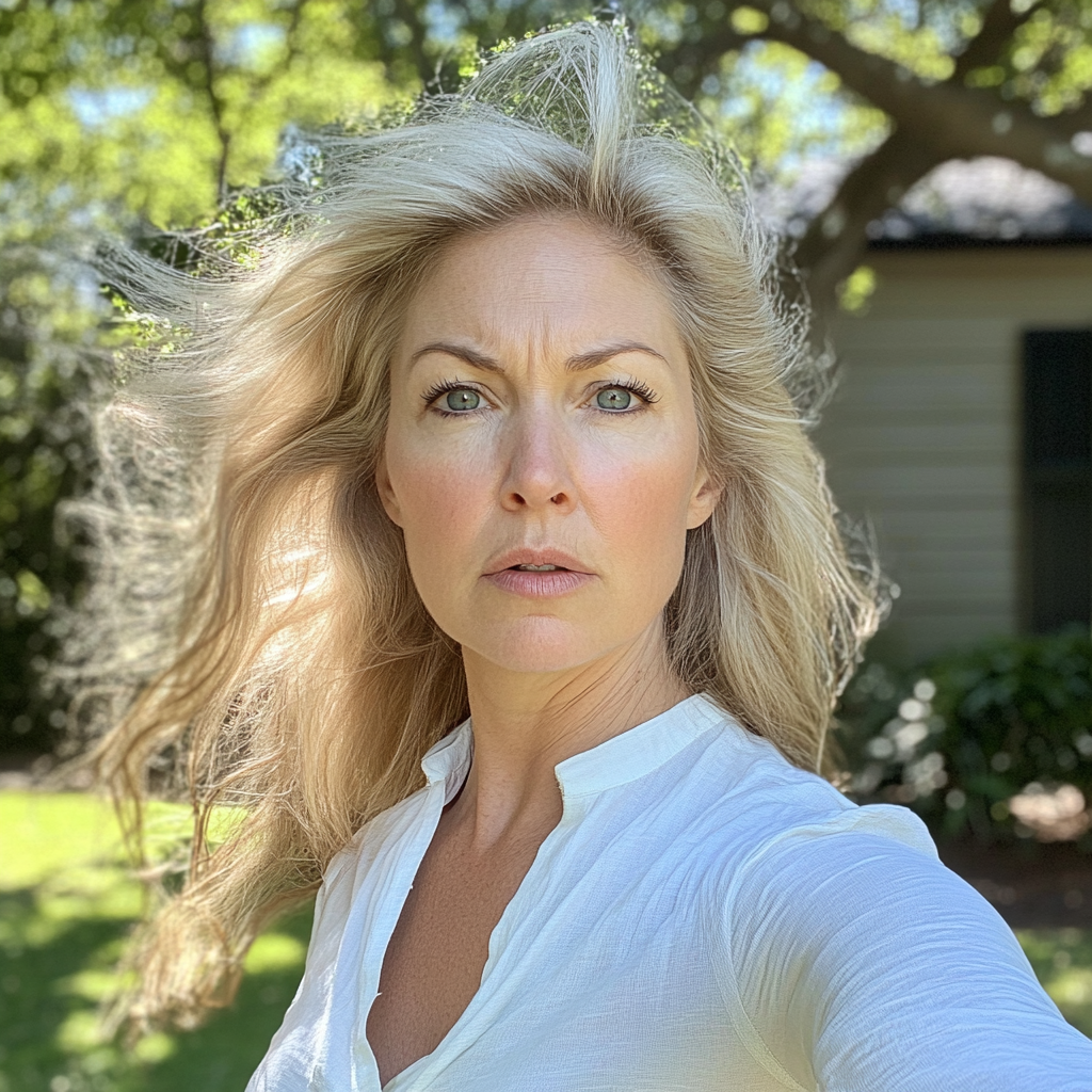 A shocked woman standing in a yard | Source: No source