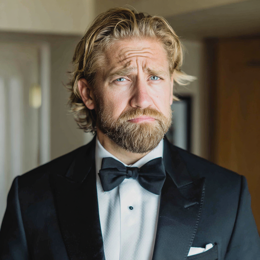 A frowning groom wearing a black tux | Source: no source