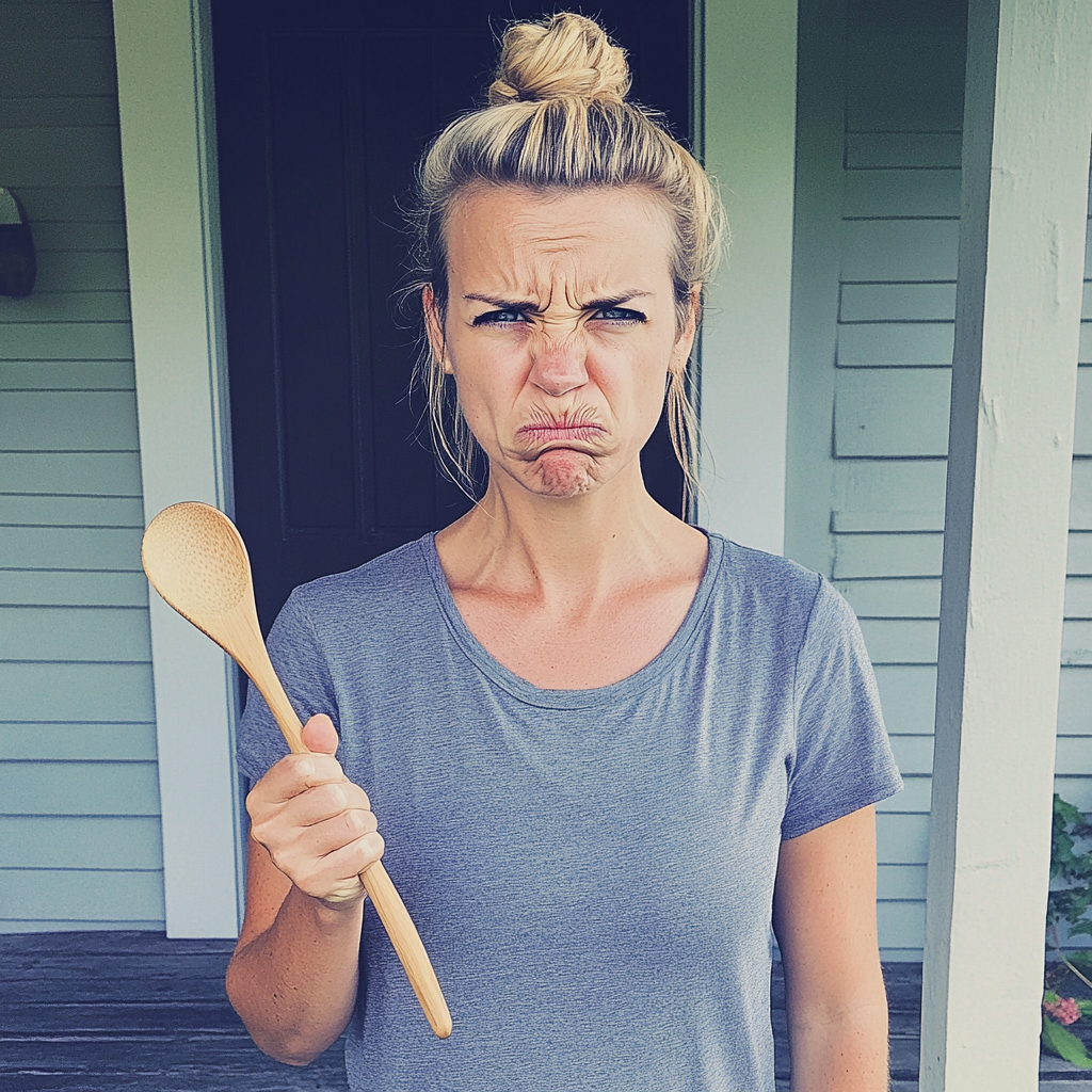 An upset woman holding a wooden spoon | Source: No source