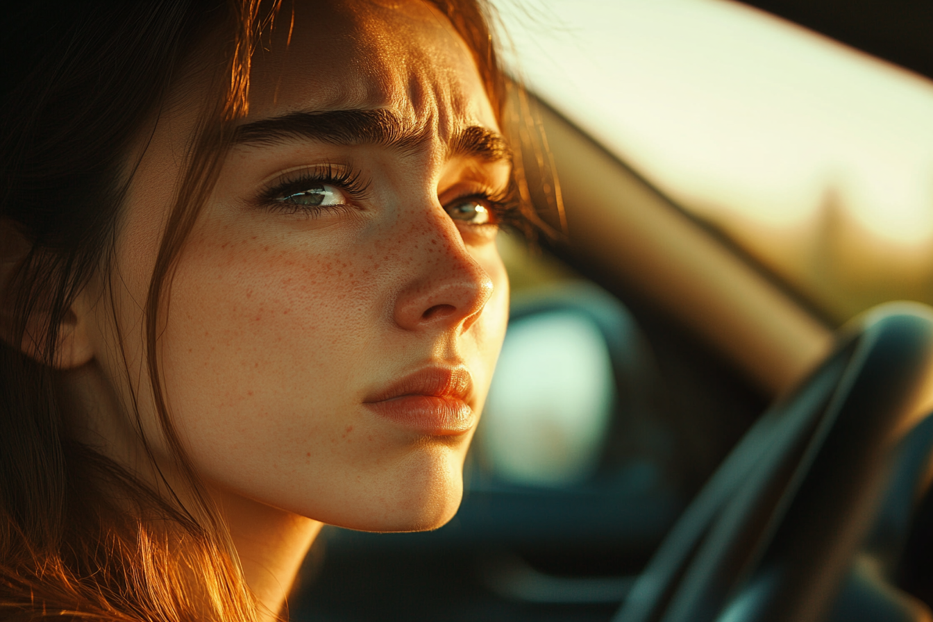 A woman sitting in a car turning to her side | Source: No source