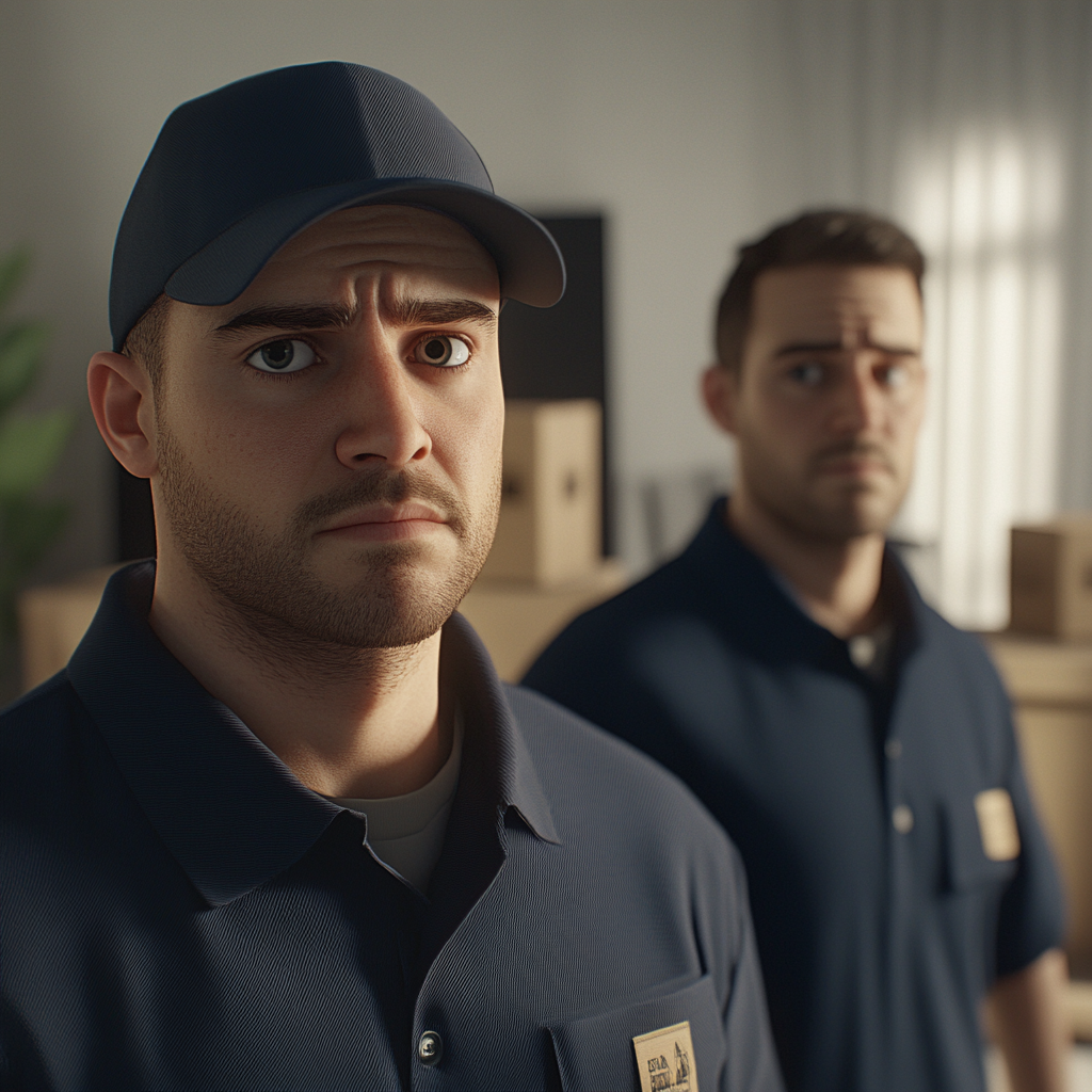 Two delivery men standing in a house | Source: No source