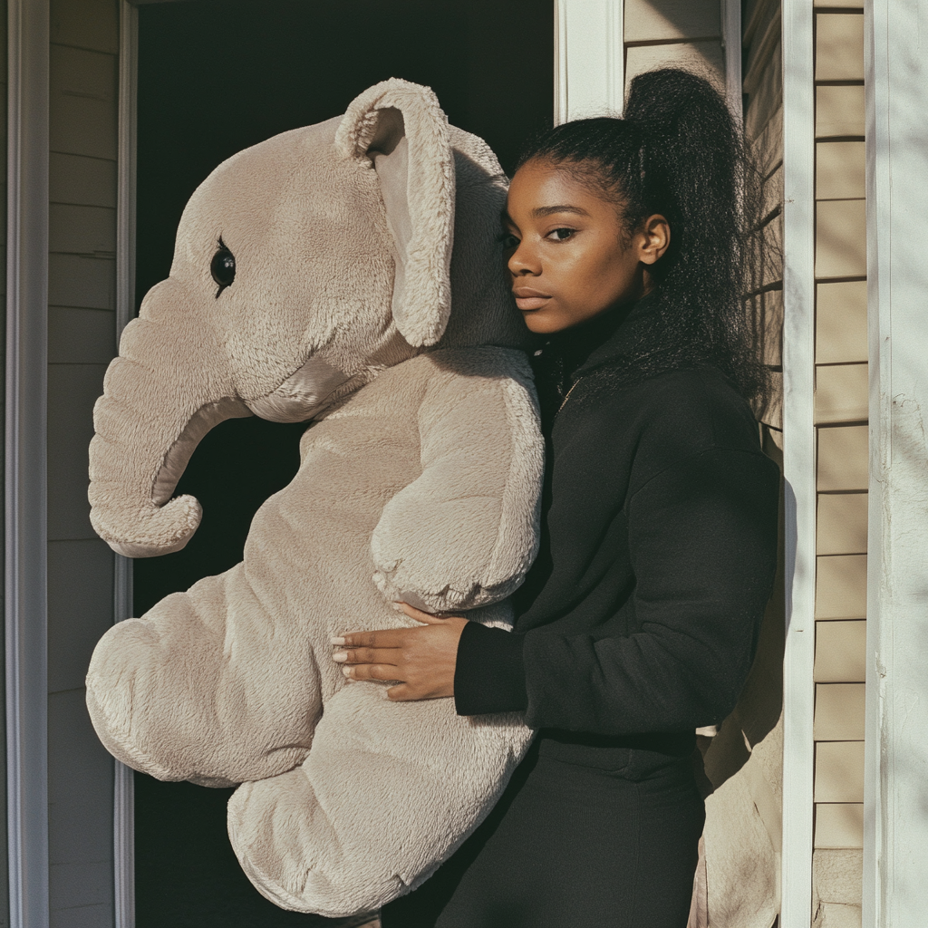Woman holding a giant stuffed elephant toy | Source: No source