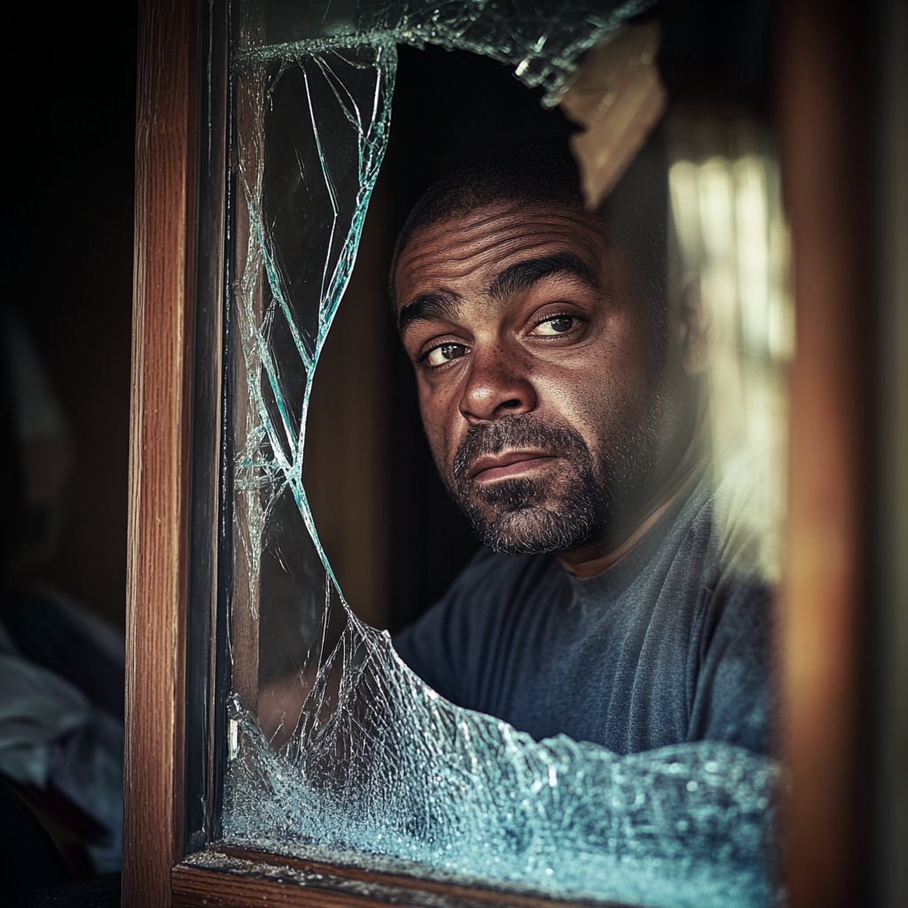 A handyman appears stressed and bothered while looking through a broken glass window | Source: no source